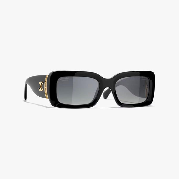 Chanel sunglasses with black and gold frame, UV protection, adjustable nose pads, and replica details.