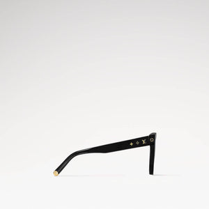 Black plastic sunglasses with adjustable nose pads, UV protection, and brand engravings.