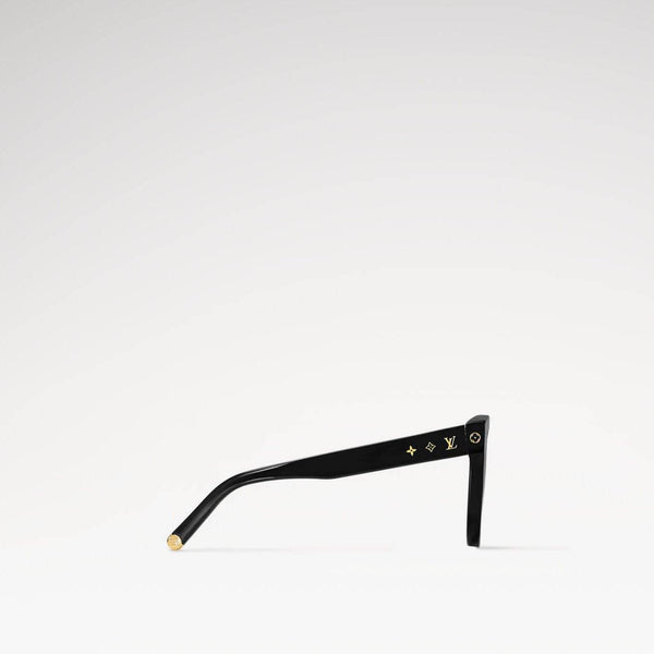 Black plastic sunglasses with adjustable nose pads, UV protection, and brand engravings.
