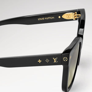 Black plastic LV sunglasses with adjustable nose pads and UVA/UVB protection.