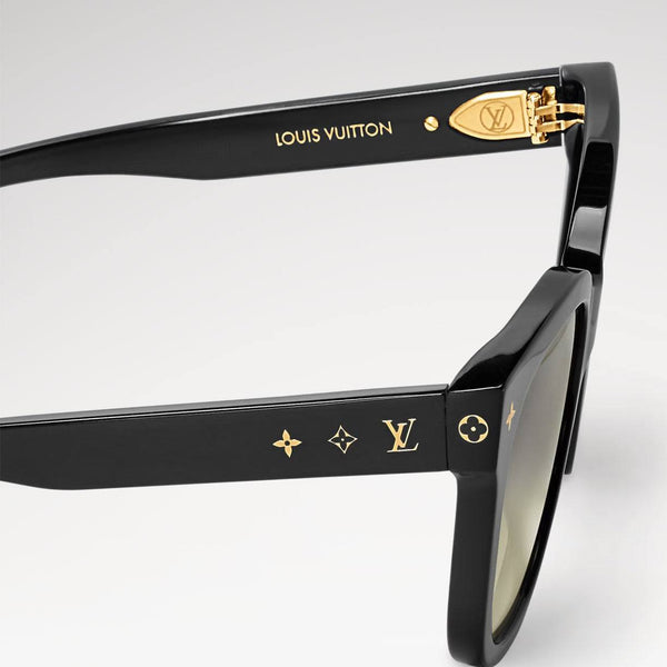 Black plastic LV sunglasses with adjustable nose pads and UVA/UVB protection.