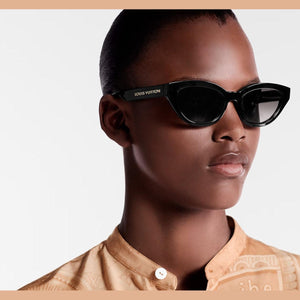 משקפי שמש LV שחורים עם מסגרת פלסטיק, הגנה UVA/UVB, רפידות אף מתכווננות.