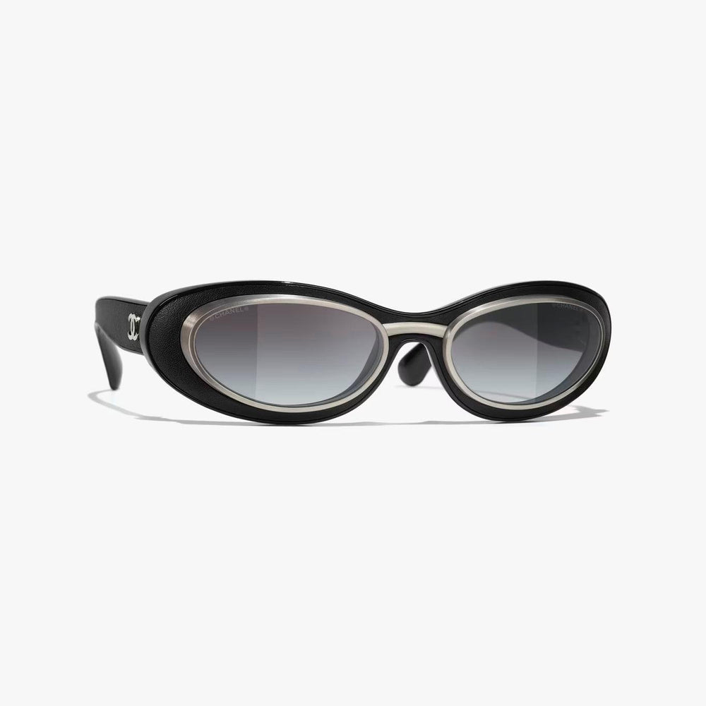 CHANEL sunglasses, black and silver, plastic and metal frame, UVA/UVB protection, adjustable nose pads.
