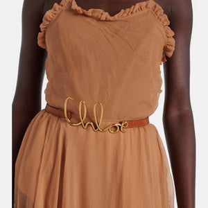 חגורת Chloe לנשים, עור אמיתי, אבזם זהב לוגו, אופנה על-זמנית.